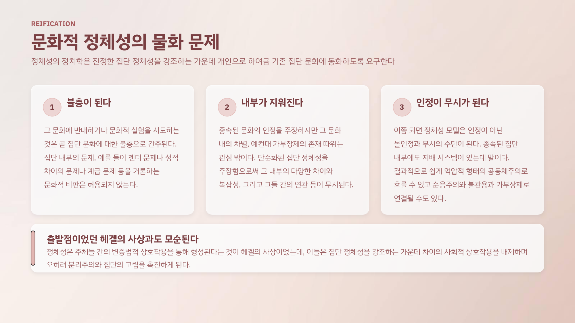 문화적 정체성의 물화 문제를 정리한 발제 장표. 반대가 불충이 되고, 집단 내부의 차이가 지워지고, 인정이 도리어 무시가 되는 세 경로를 보여 준다