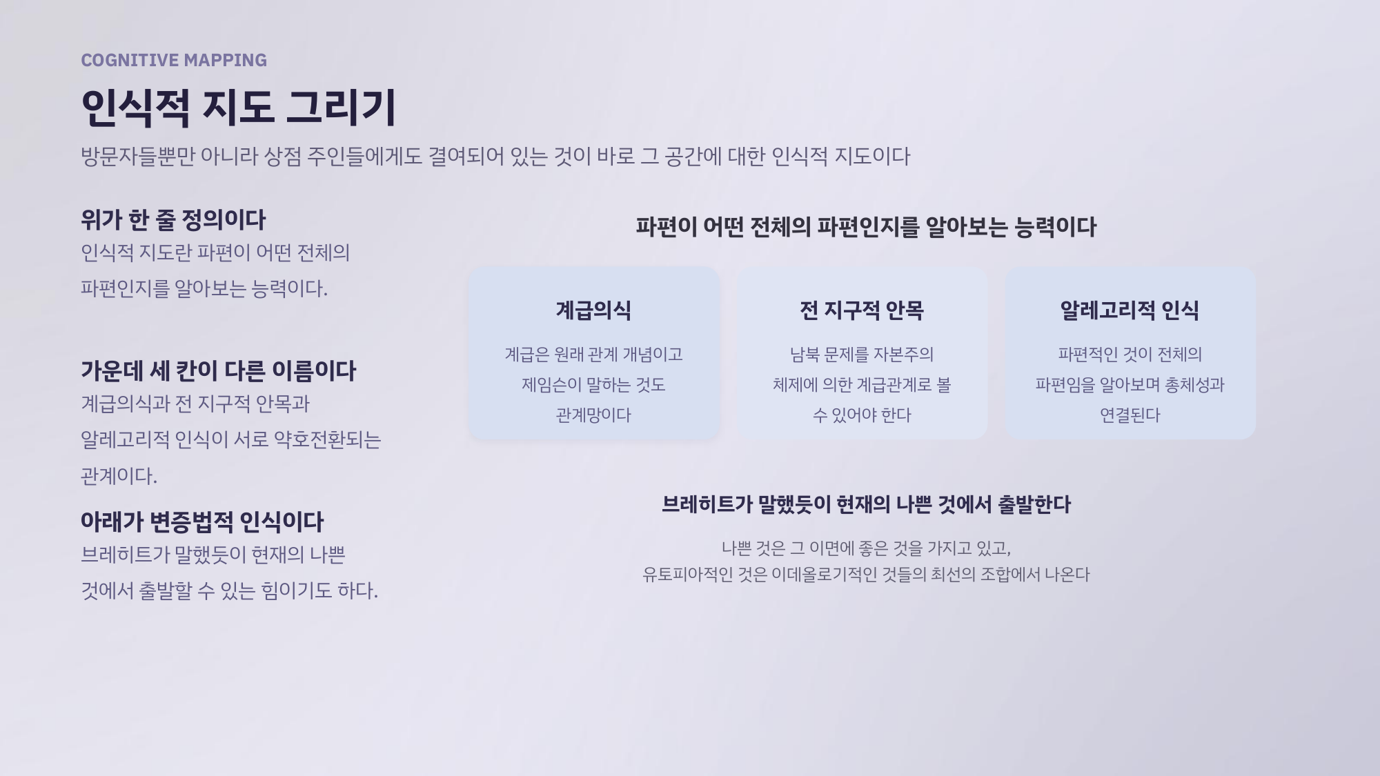 인식적 지도 그리기를 정리한 발제 장표. 파편이 어떤 전체의 파편인지 알아보는 능력이며, 계급의식·전 지구적 안목·알레고리적 인식이라는 다른 이름을 가진다