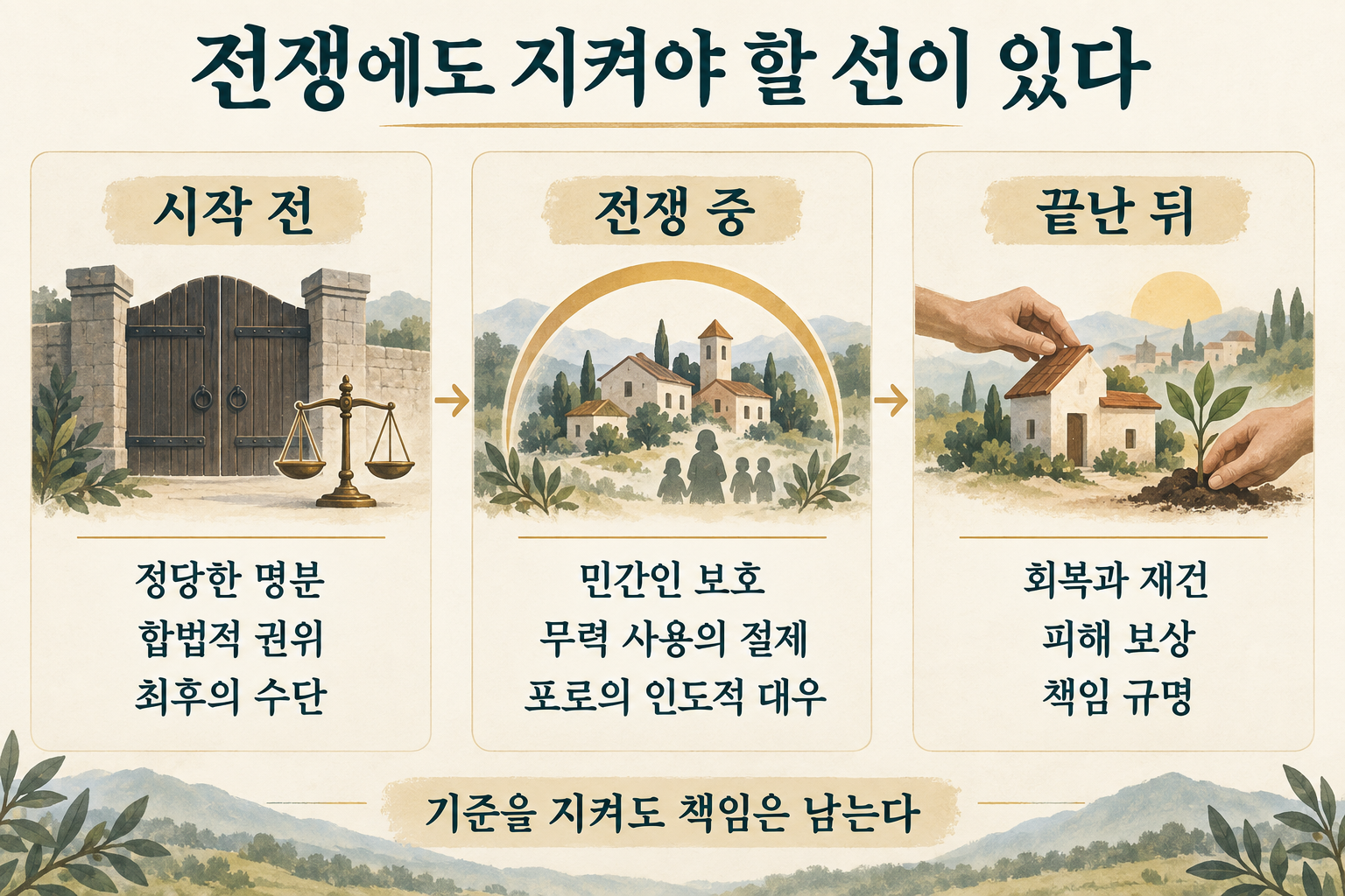 전쟁의 시작 전·전쟁 중·끝난 뒤에 지켜야 할 기준을 정리한 세 관문 도식