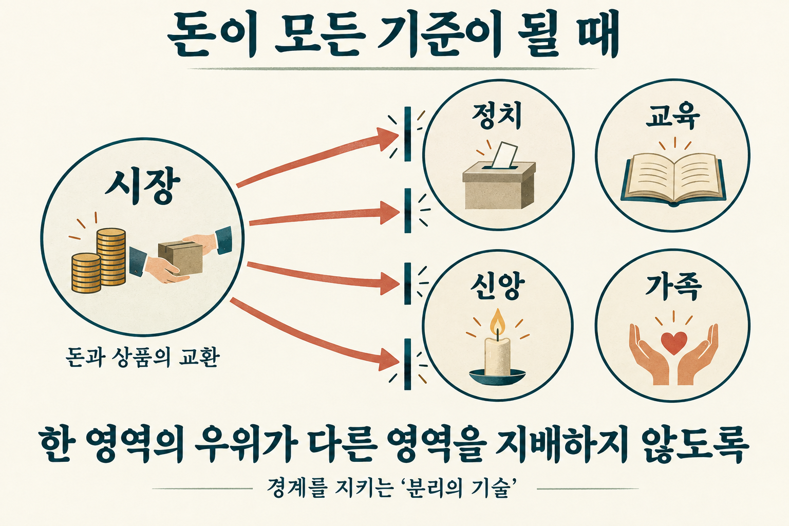 시장의 돈이 정치·교육·신앙·가족을 지배하지 못하도록 경계를 지키는 도식