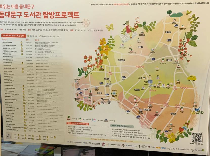 청년몰 2층 도서관에 위치한 동대문구 인근 도서관 안내 지도