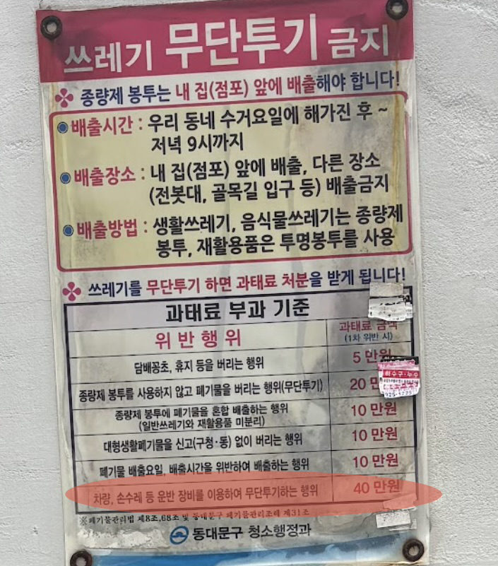 그림 22. 답십리1동에서 찍은 과태료 안내문. 40만원으로 표기됨